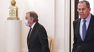 António Guterres, az ENSZ főtitkára és Szergej Lavrov orosz külügyminiszter Moszkvában 2022. április 26-án