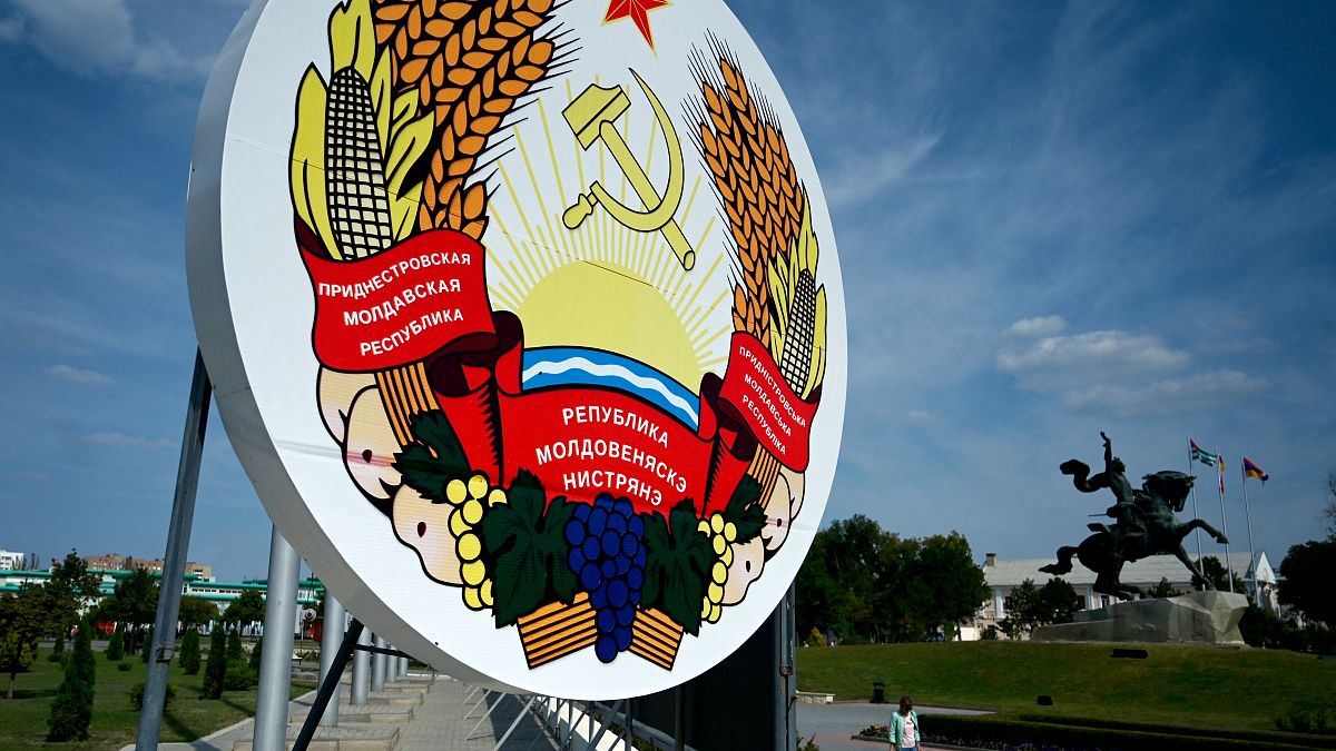 A huge coat of arms of Transnistria - Moldova's pro-Russian breakaway region on the eastern border with Ukraine, in Transnistria's capital of Tiraspol, September 11, 2021.
