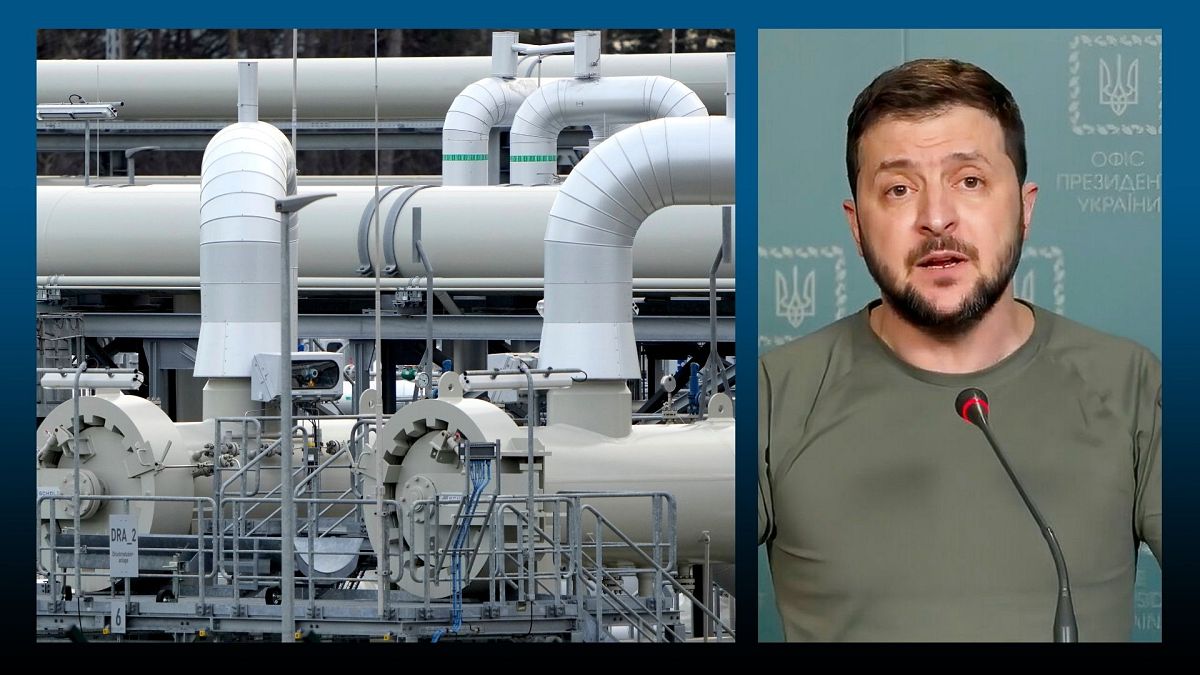 A g. : installation gazière du groupe russe Gazprom (le 15/02/2022) // A dr. : le président ukrainien V. Zelensky à Kyiv le 26/04/2022