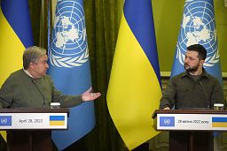 Ukrainian President Volodymyr Zelenskyy and UN Secretary-General Antonio Guterres, attend a news conference after their meeting in Kyiv on 28 April 2022