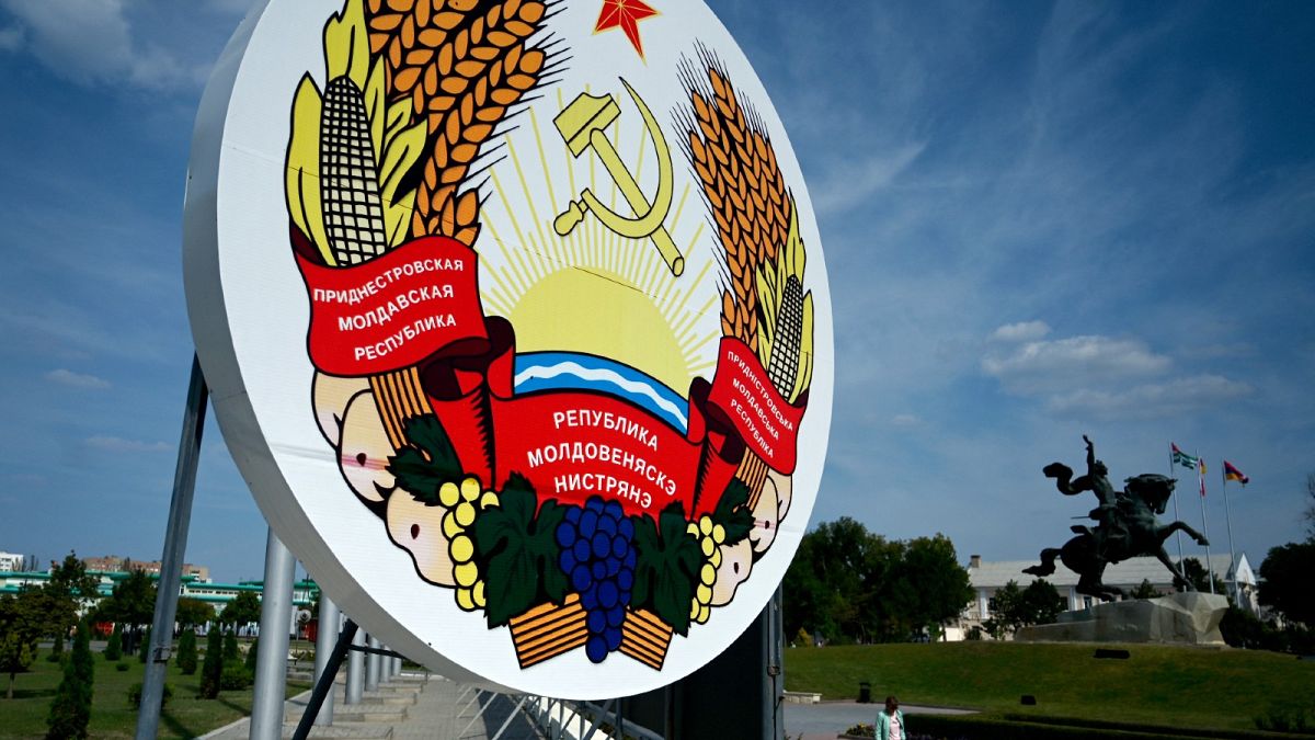 A coat of arms of Transnistria - Moldova's pro-Russian breakaway region on the eastern border with Ukraine - in Transnistria's capital of Tiraspol, September 11, 2021