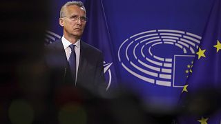 NATO Secretary General Jens Stoltenberg pauses as he delivers a statement to the media prior to a meeting at the European Parliament in Brussels, Thursday, April 28, 2022.