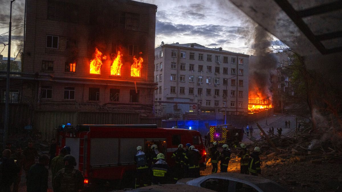 Emergency services are working in the area following an explosion in Kyiv