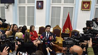 Montenegrin PM Dritan Abazović speaks to the media after the parliament session in Cetinje on 28 April 2022