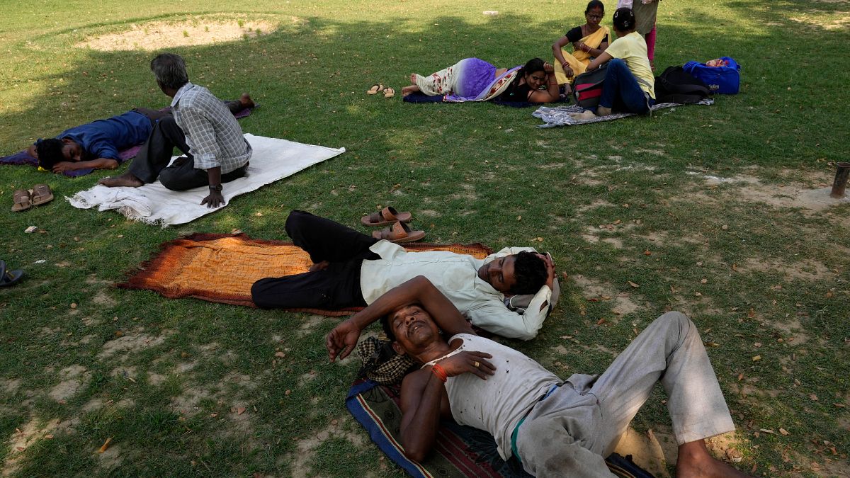 Des personnes se reposent à l'ombre d'un arbre dans l'État d'Uttar Pradesh, en Inde,