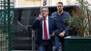 France's leftist movement La France Insoumise (LFI) party leader Jean-Luc Melenchon arrives to his party's headquarters
