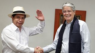 صورة نشرها المكتب الصحفي لرئاسة الإكوادور للرئيس غييرمو لاسو (يمين) مع نظيره البيروفي بيدرو كاستيلو خلال اجتماع في لوخا، 29 أبريل/2022