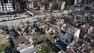 A destroyed residential area in Irpin, northwest of Kyiv, amid the Russian invasion of Ukraine.