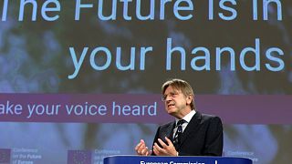 Member of the European Parliament Guy Verhofstadt discusses the Conference on the Future at EU headquarters in Brussels, April 19, 2021.