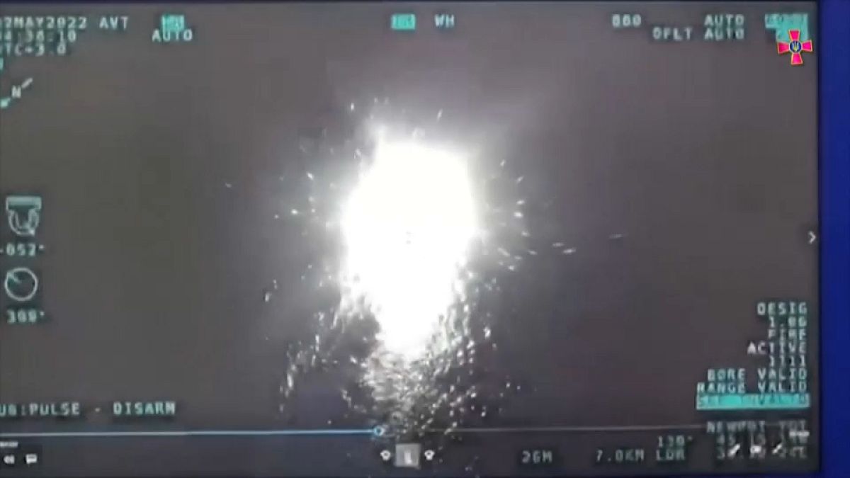 مجتزأ من فيديو نشرته وزارة الدفاع الأوكرانية لعملية استهداف زورقين روسيين بطائرة مسيرة تركية الصنع 