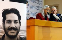 مارك وديبرا تايس، والدا أوستن تايس المفقود في سوريا، يتحدثان خلال مؤتمر صحفي في نادي الصحافة في بيروت، لبنان ، 4 ديسمبر 2018