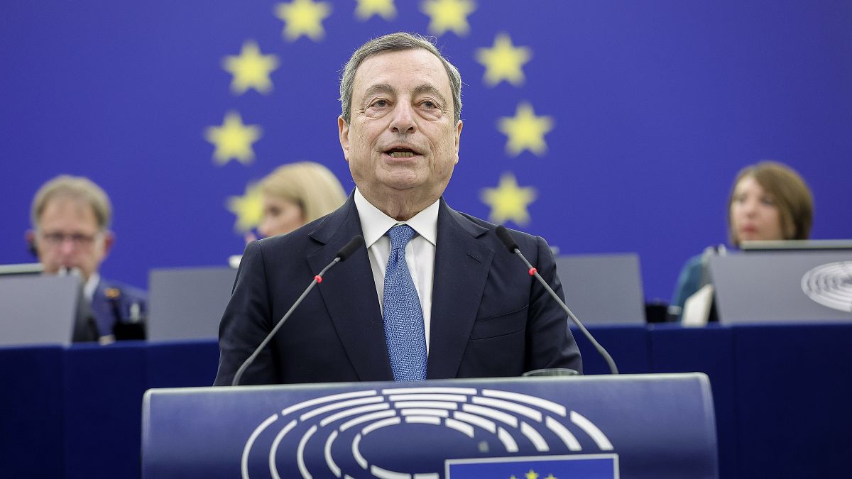 Italian Prime Minister Mario Draghi delivers his speech Tuesday, May 3, 2022 at the European Parliament in Strasbourg, eastern France. 
