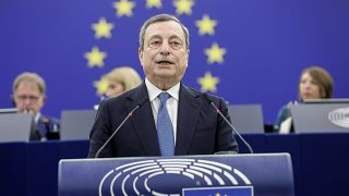 Italian Prime Minister Mario Draghi delivers his speech Tuesday, May 3, 2022 at the European Parliament in Strasbourg, eastern France.
