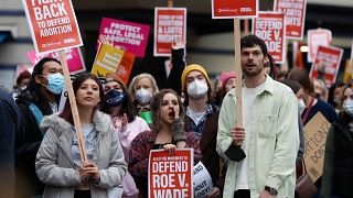  rally at Westlake Park in Seattle, Tuesday, May 3, 2022, in response to news that the US Supreme Court could be poised to overturn a landmark 1973 abortion rights case. 