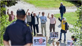 إيرانيون يحتجون في ستوكهولم احتجاجا على زيارة لوزير الخارجية الإيراني. السويد، 2019 - أرشيف