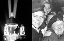 St Paul's Cathedral in London (right), US soldiers embrace a British woman (left)