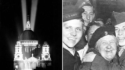 St Paul's Cathedral in London (right), US soldiers embrace a British woman (left)