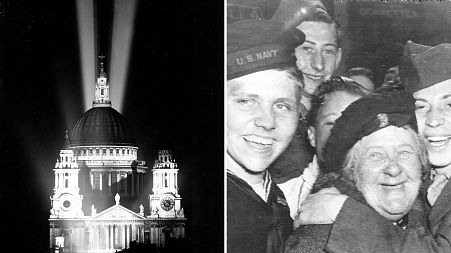 St Paul's Cathedral in London (right), US soldiers embrace a British woman (left)