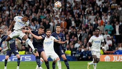 Real Madrid's Rodrygo scores his side's second goal during the Champions League semi final