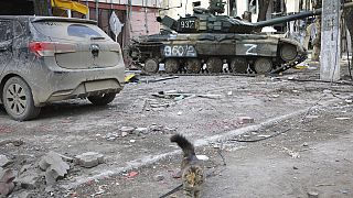 Un tanque en la zona controlada por los separatistas prorrusos en Mariúpol (Ucrania).