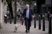 British Prime Minister Boris Johnson arrives with his dog Dilyn to vote at a polling station in London, for local council elections, Thursday, May 5, 2022.