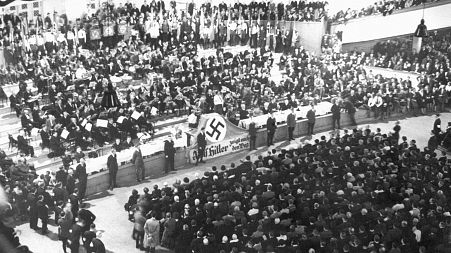 General view of a National Socialist propaganda meeting at the Berlin Sportpalast, April 19, 1931.