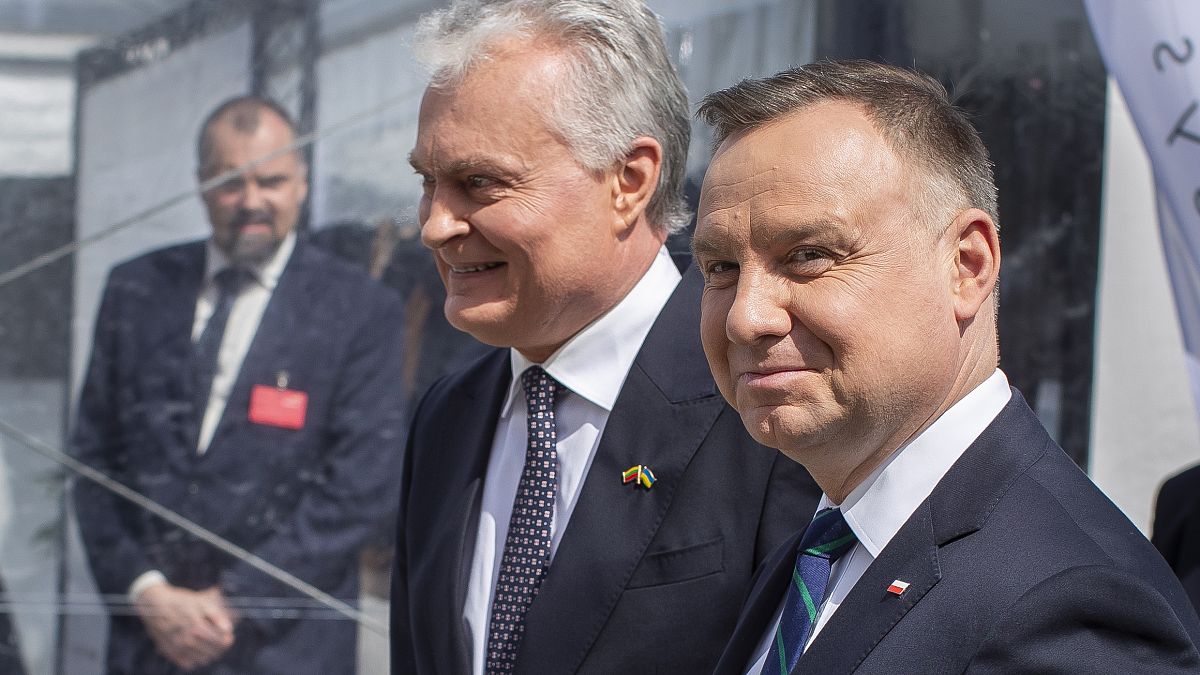 Lithuanian President Gitanas Nauseda, left, welcomes Polish President Andrzej Duda for the official inauguration of the Gas Interconnection Poland–Lithuania (GIPL) pipeline.