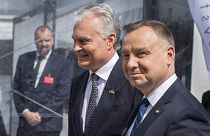 Lithuanian President Gitanas Nauseda, left, welcomes Polish President Andrzej Duda for the official inauguration of the Gas Interconnection Poland–Lithuania (GIPL) pipeline.