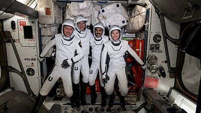 The four commercial crew astronauts representing NASA’s SpaceX Crew-3 mission aboard the International Space Station's Harmony module on April 21, 2022.
