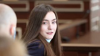  Sofia Sapega, who was detained in Minsk with her dissident boyfriend Roman Protasevich, attends a court hearing in Grodno, Belarus.