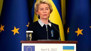 European Union Commission President Ursula von der Leyen speaks during a press conference with Ukrainian President Volodymyr Zelenskyy in Kyiv, Ukraine, April 8, 20