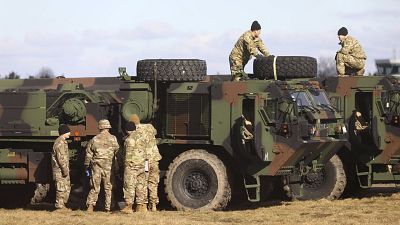Soldiers pictured at a military airport in Mielec in southeastern Poland.
