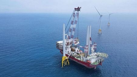 Wind turbines being built at the Greater Changhua Offshore Wind Farm in Taiwan.