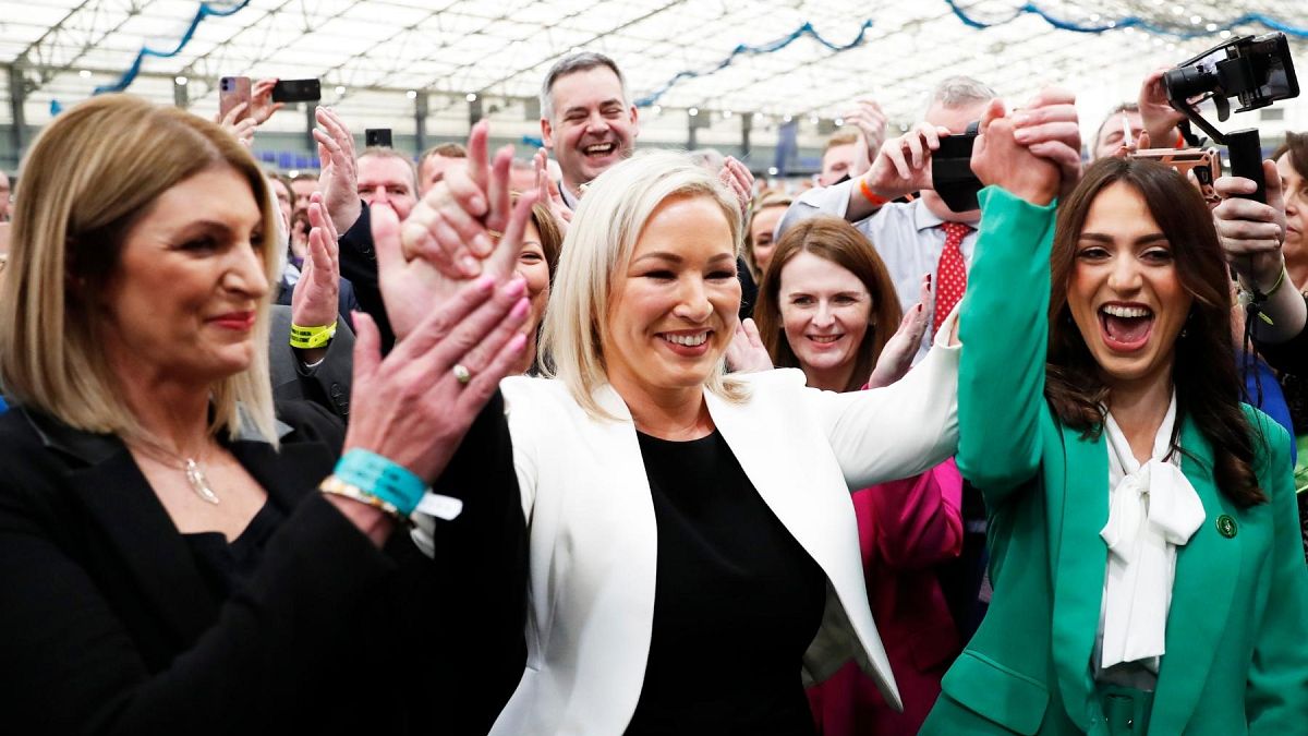 Sinn Fein's Vice President Michelle O'Neill, centre, celebrates with party colleagues after being elected in Magherafelt , Northern Ireland, Friday, May, 6, 2022