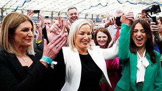 Sinn Fein's Vice President Michelle O'Neill, centre, celebrates with party colleagues after being elected in Magherafelt , Northern Ireland, Friday, May, 6, 2022