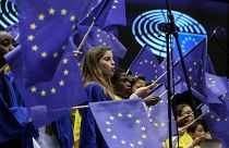 The Singing Molenbeek Choir perform in the hemicycle of the European Parliament during the opening ceremony of the European Union Open Day.
