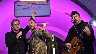 Irish singer-songwriter Bono, the lead vocalist of rock band U2, performs at subway station / bomb shelter in Kyiv on May 8, 2022