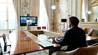 French President Emmanuel Macron takes part in a video-conference of G7 leaders on Ukraine at the Elysee Palace in Paris, Sunday, May 8, 2022.