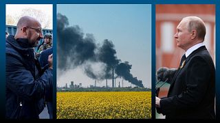 De g. à dr. : Charles Michel à Odessa, incendie dans une raffinerie en Ukraine, Vladimir Poutine à Moscou - 09/05/2022