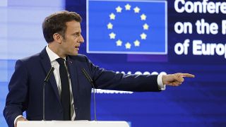 French president Emmanuel Macron gestures as he delivers a speech during the Conference on the Future of Europe, in Strasbourg, eastern France, Monday, May 9, 2022.