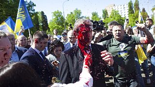 Russian Ambassador to Poland, Ambassador Sergey Andreev is covered with red paint in Warsaw, Poland, Monday, May 9, 2022.