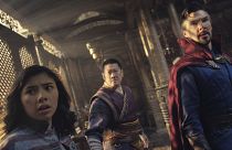 This image released by Marvel Studios shows, from left, Xochitl Gomez as America Chavez, Benedict Wong as Wong, and Benedict Cumberbatch as Dr. Stephen Strange.