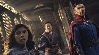 This image released by Marvel Studios shows, from left, Xochitl Gomez as America Chavez, Benedict Wong as Wong, and Benedict Cumberbatch as Dr. Stephen Strange.