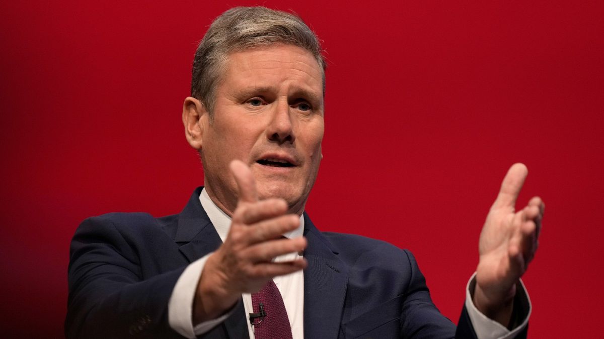 Leader of the British Labour Party Keir Starmer gestures as he makes his keynote speech at the annual party conference in Brighton, England