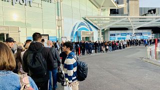 Queues this morning at Birmingham Airport, snaking out of the terminal