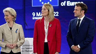 President of the European Commission, Ursula Von der Leyen, left, French president Emmanuel Macron, right, and European Parliament President Roberta Metsola, May 9, 2022.