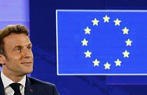 France's President Emmanuel Macron gestures he delivers a speech during the Conference on the Future of Europe and the release of its report with proposals for reform