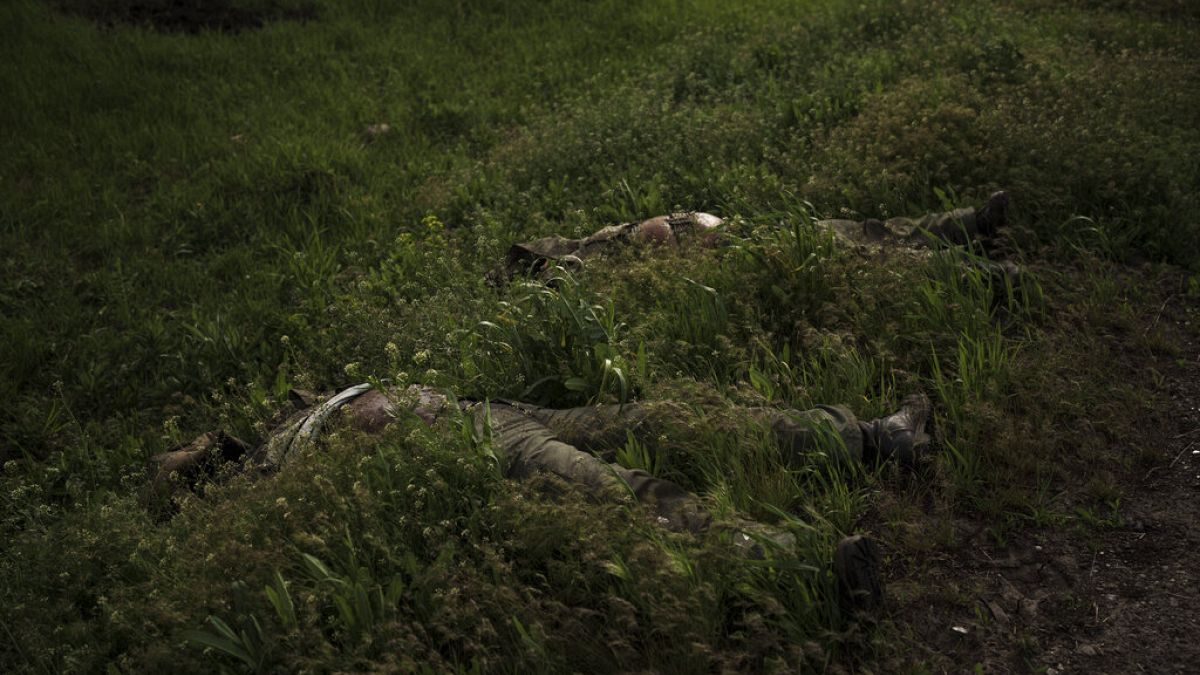 Das Gras wächst um die Leichen von Soldaten in Charkiw. Russland hat bisher keine Rückführung von gefallenen Soldaten in der Ukraine beantragt. 9. Mai 2022