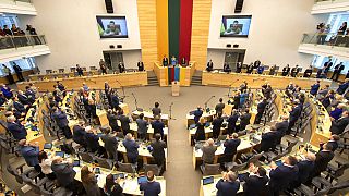 A litván parlament tagjai állva hallgatták Volodimir Zelenszkij ukrán elnök beszédét április 12-én