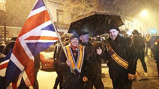 Northern Ireland unionists during an Anti-Protocol Protest in the town of Markethill, Northern Ireland, Friday, Feb 18, 2022.